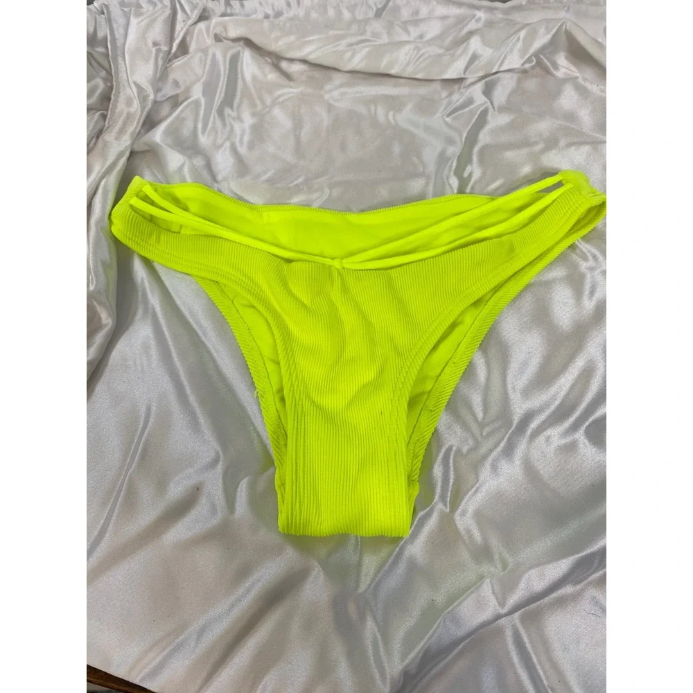 Ribbed Bikini Bottom Neon Yellow Strappy‎ Swimsuit Bottoms